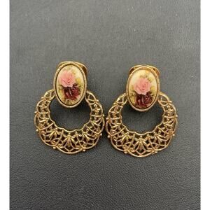 Vintage 1928 Brand Earrings Rose Cameo Style Filigree Hoops Gold Tone Clip On